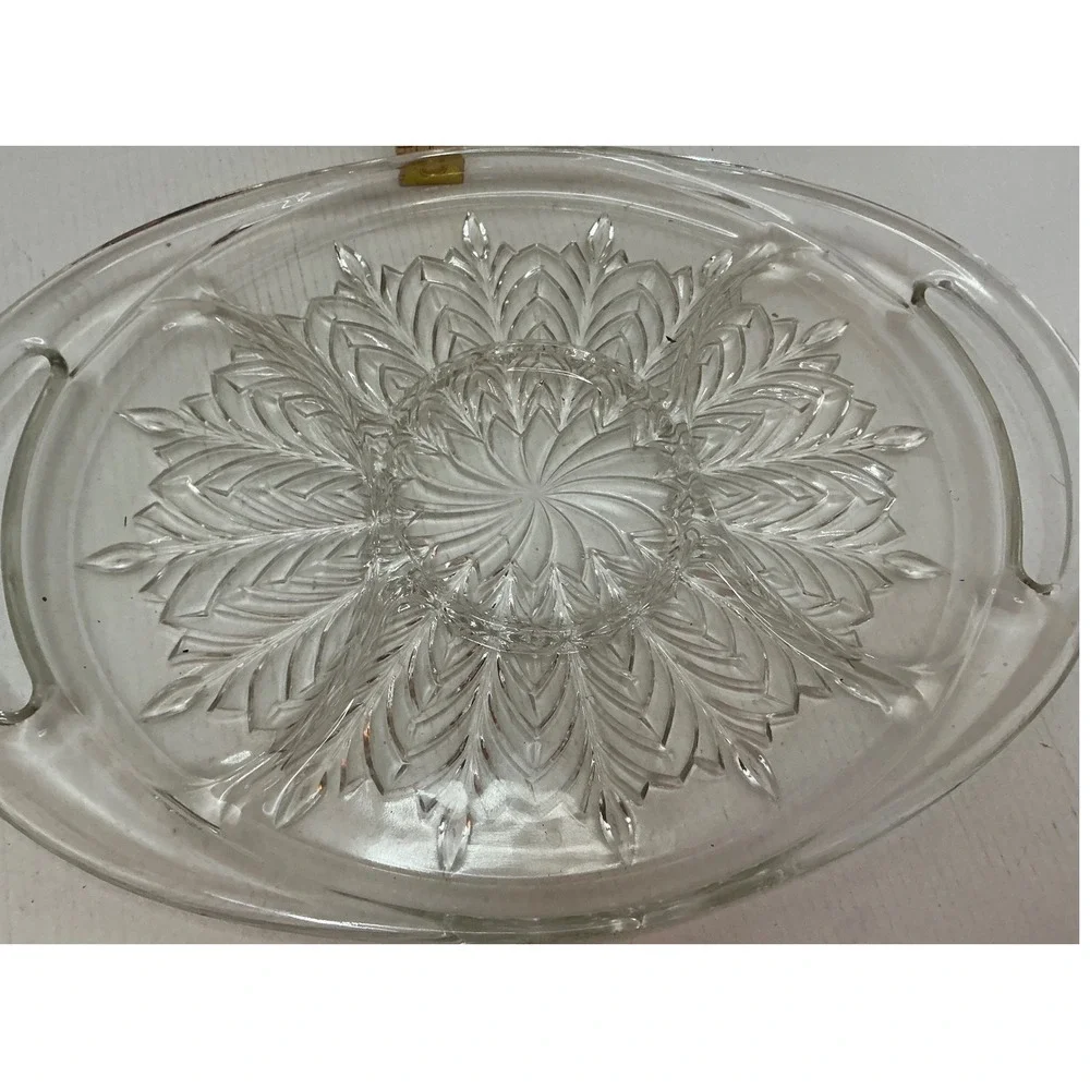 Vintage Glass Relish Tray Divided Serving Platter Feather Sunburst